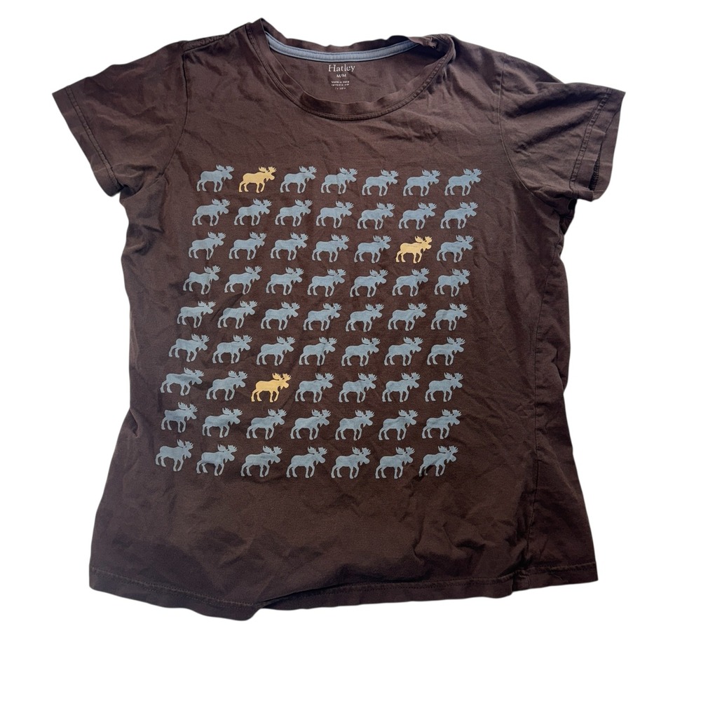 Hatley Brown‎ Moose Graphic Short Sleeve T Shirt Medium Casual Top Lightweight